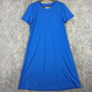 Susan Graver Dress S Solid Blue Knit Scoop Neck A Line Made USA Career Casual